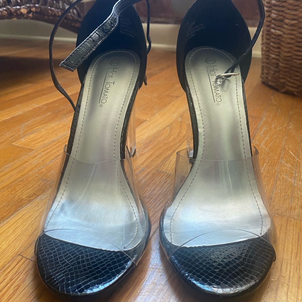 Hot Tomato Black Heels with Textured Toe and Clear Sides